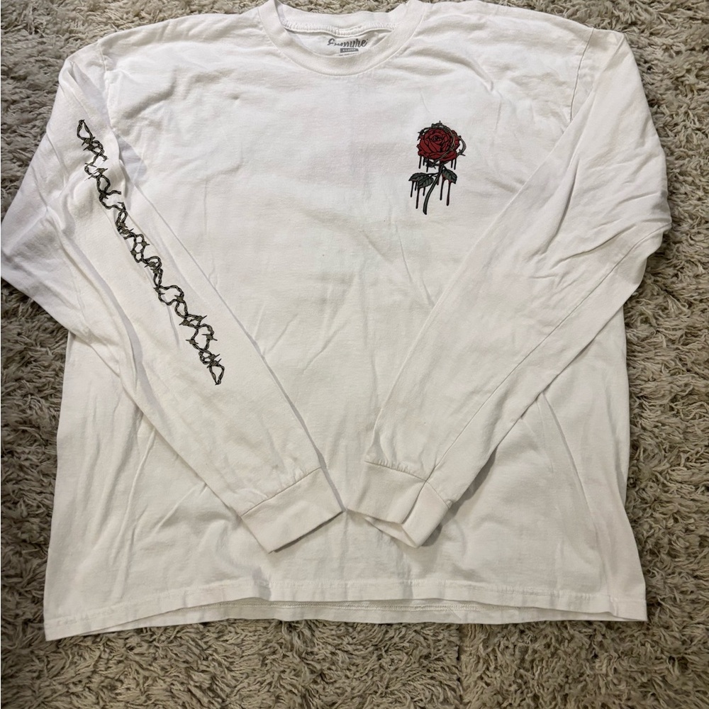 Empyre Men’s White Long Sleeve Tee with Rose Graphic Barbed Skater Size XL